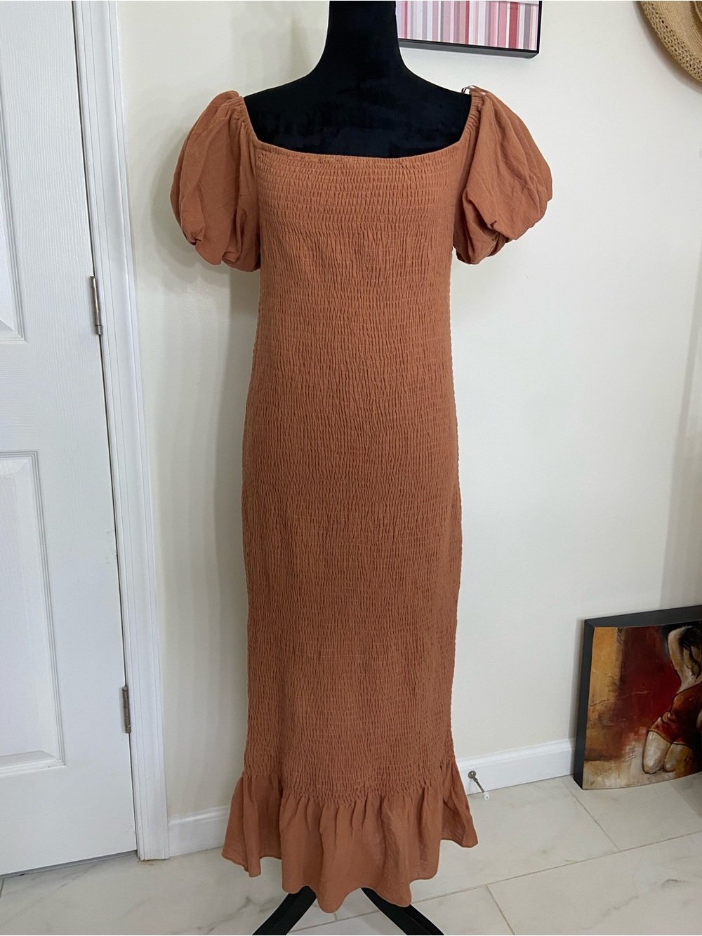 Baltic Born Rust Puff Sleeve Smocked Maxi Dress